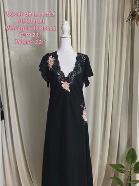 Oscar de la Renta Black Slip Dress with Pink Label Detail